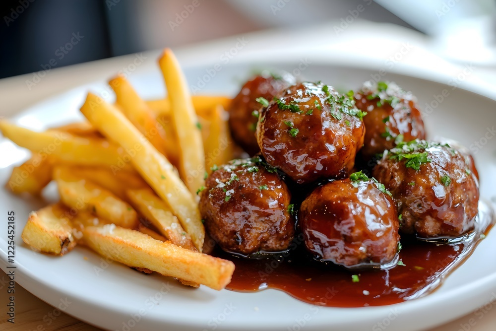 Zoomed-in French fries and meatballs with sauce on a modern dining table