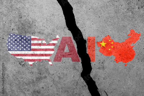 USA and China flags on a concrete wall. China and US artificial intelligence or AI competitions photo