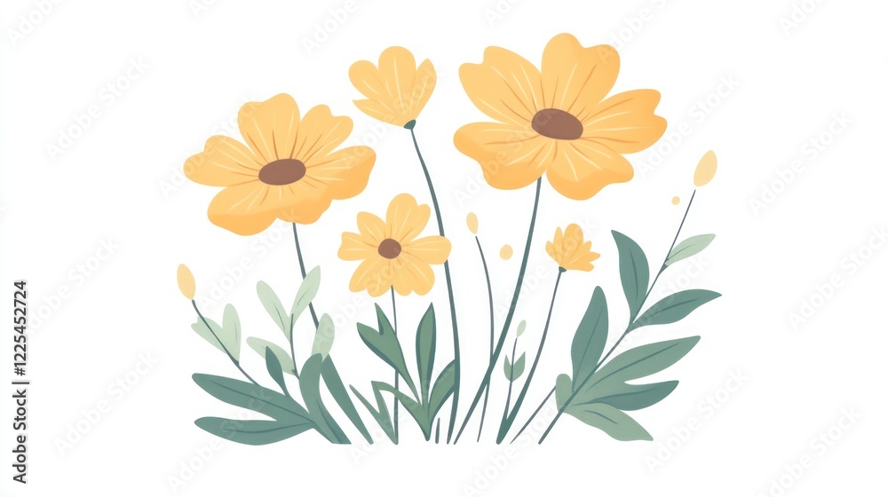A cute yellow flower clipart with leaves and flowers, simple flat illustration, vector design isolated on white background, pastel colors, cottagecore style, pastell tones, pastall colors