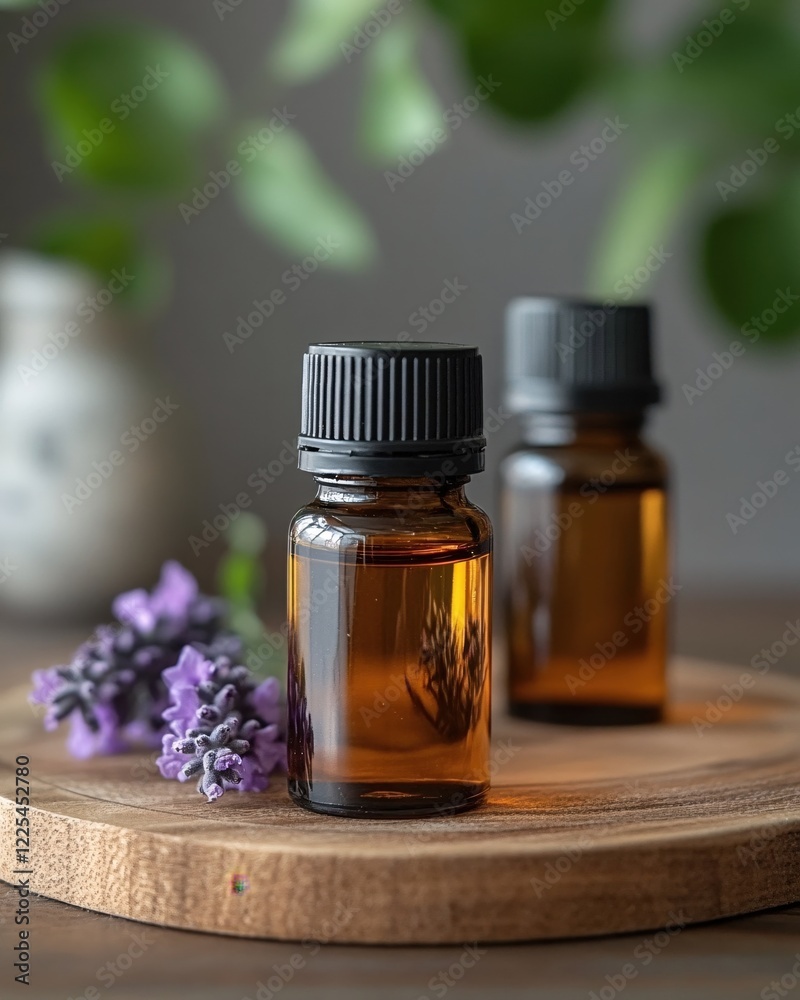 Essential oil bottles with lavender on wooden tray in soft light for aromatherapy concept Essential oil bottles with lavender on wooden tray in soft light for aromatherapy concept