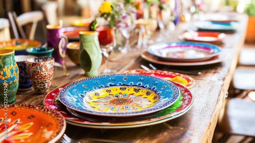 Vibrant Hand Painted Pottery Decorates Rustic Table Setting Vibrant Hand Painted Pottery Decorates Rustic Table Setting