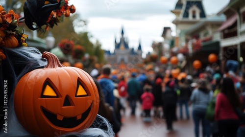 Halloween at Disneyland: Jack-o'-lantern Smiles Amidst Festive Crowds