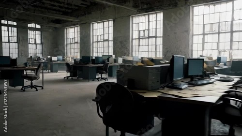 The office room atmosphere is abandoned, dirty and dusty