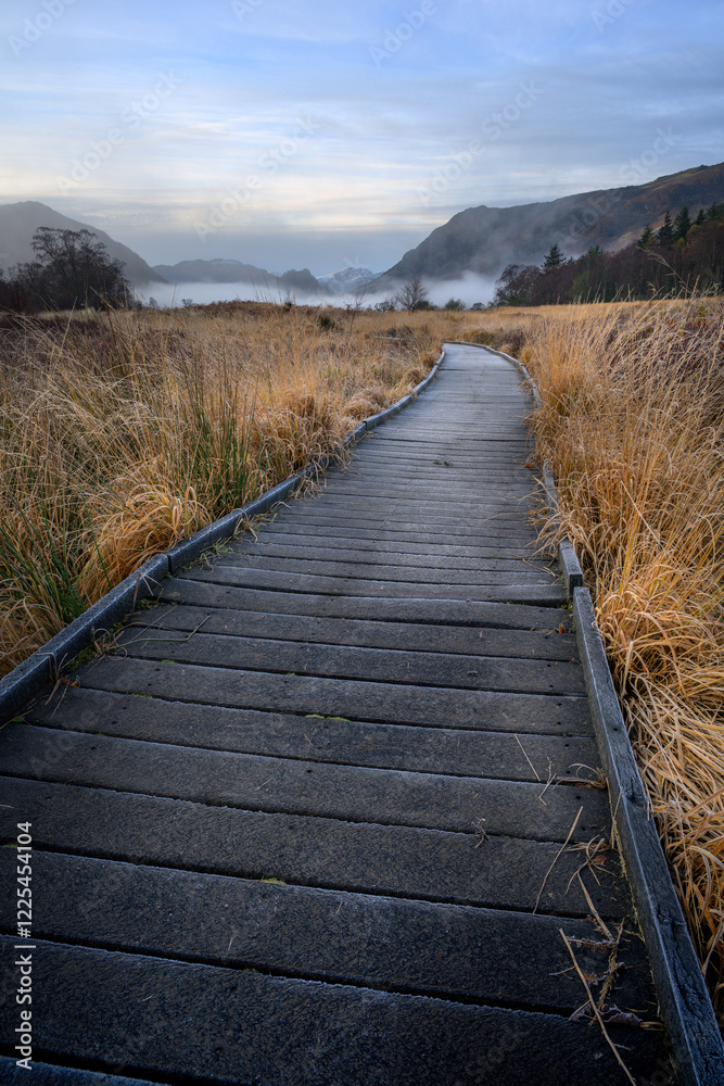 Obraz premium Wooden footpath leading through countryside with mountains in background. Borrowdale, Keswick, Lake District, UK.
