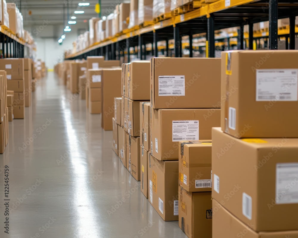 Distribution center with packages sorted into sections, emphasizing order and efficiency Distribution center with packages sorted into sections, emphasizing order and efficiency