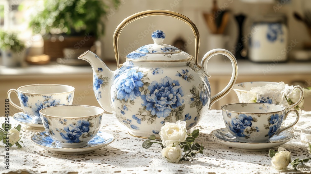 Elegant Floral Tea Set on Lace Tablecloth