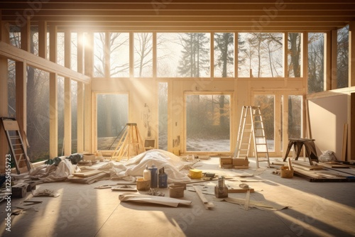 Interior of a house under construction with wooden framing, sunlight streaming through large windows photo