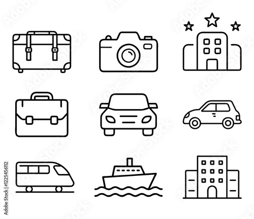 Travel icon set: hotel building, car, camera, vintage trunk, suitcase