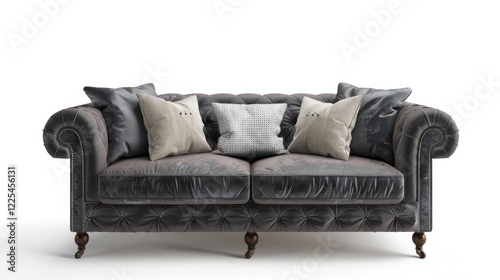 Gray sofa with velor pillows on white background.