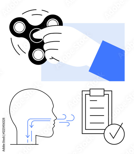 Hand spins fidget spinner, head diagram emphasizes breathing, clipboard shows checklist. Ideal for mindfulness, productivity, stress management, sensory toys, mental focus, relaxation abstract line