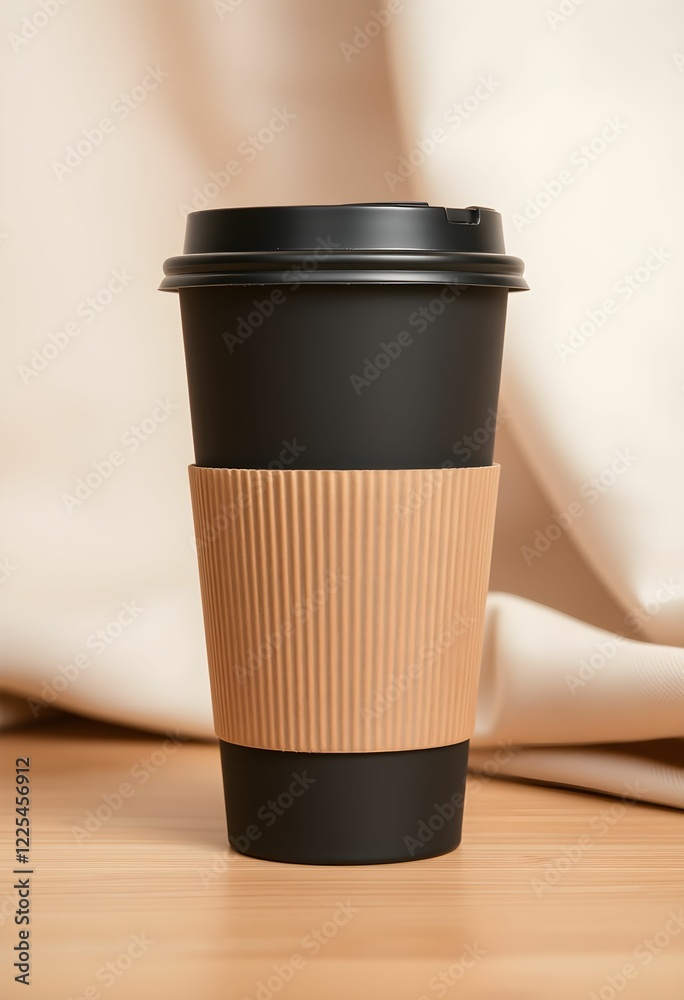 Coffee cup to-go, black lid, beige cardboard sleeve, wooden table, minimalist, soft lighting, earthy tones, vertical composition, close-up, product photography, textured background, sleek design Coffee cup to-go, black lid, beige cardboard sleeve, wooden table, minimalist, soft lighting, earthy tones, vertical composition, close-up, product photography, textured background, sleek design