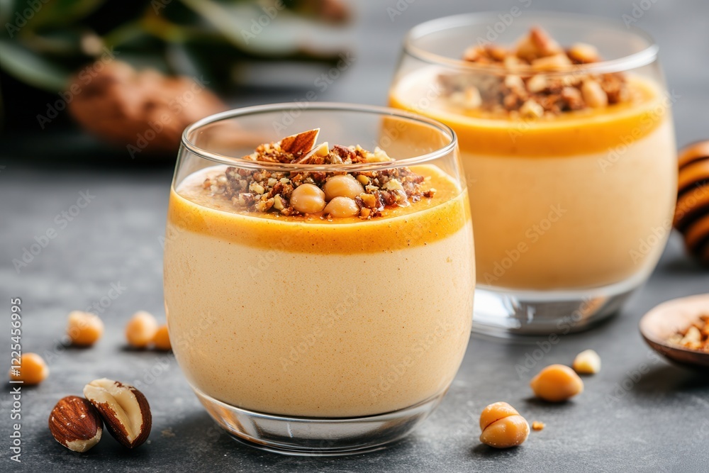 Close up of persimmon mousse with chickpeas and nut garnish in a glass. Close up of persimmon mousse with chickpeas and nut garnish in a glass.