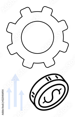 Gear symbolizing productivity, coin with dollar sign for economic value, upward arrows indicating growth trends. Ideal for finance, economics, investments, business growth, productivity, financial