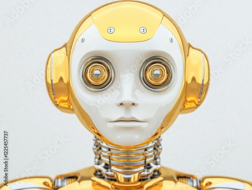 Futuristic golden humanoid robot with large expressive eyes and sleek design against a minimalistic background, showcasing modern technology and innovation photo