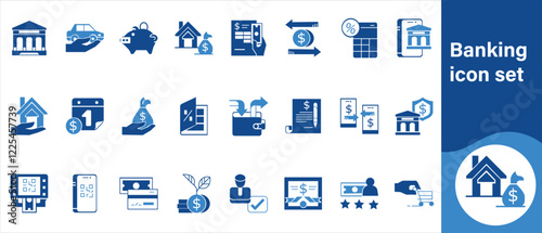 Banking icon set, finance, money, business, piggy, vector, currency, dollar, banking, icon, financial, exchange, deposit, investment, cash, credit, savings, bank and more