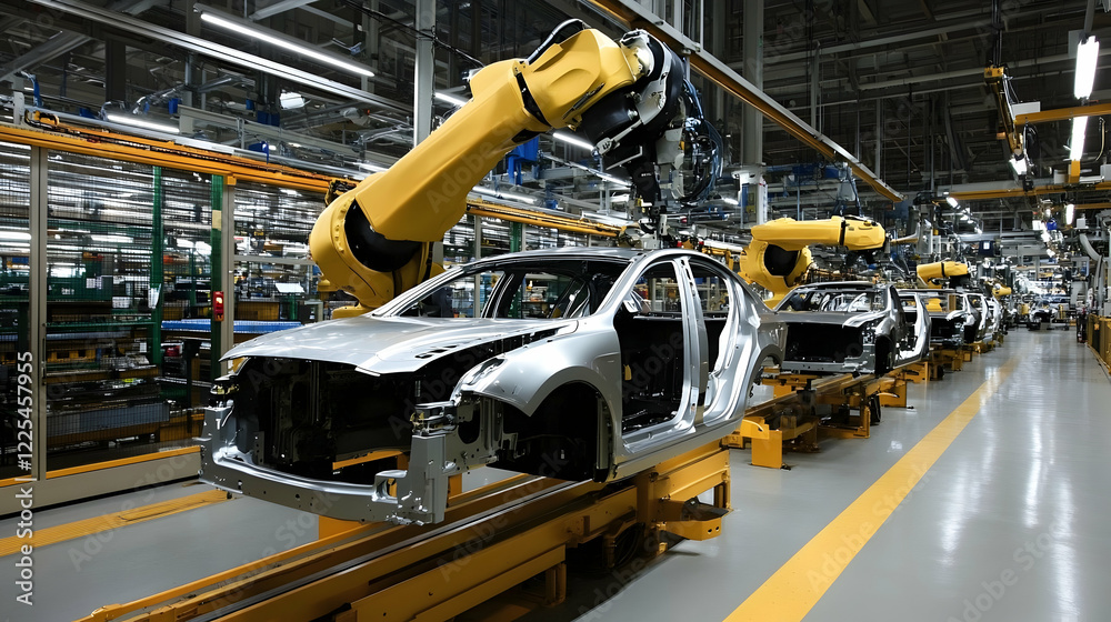 Robotic car assembly line, factory floor, automotive manufacturing Robotic car assembly line, factory floor, automotive manufacturing