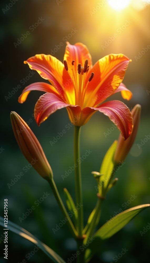 Warm sunbeam illuminates a lily in full bloom, lilies, floral spotlight Warm sunbeam illuminates a lily in full bloom, lilies, floral spotlight