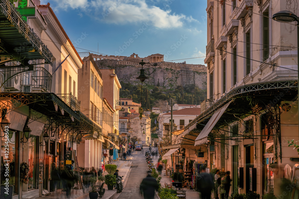 Old Greek street at sunset in Plaka district, Athens, Greece