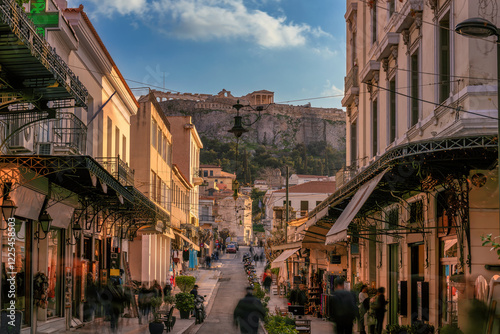 Obraz na płótnie Old Greek street at sunset in Plaka district, Athens, Greece w salonie