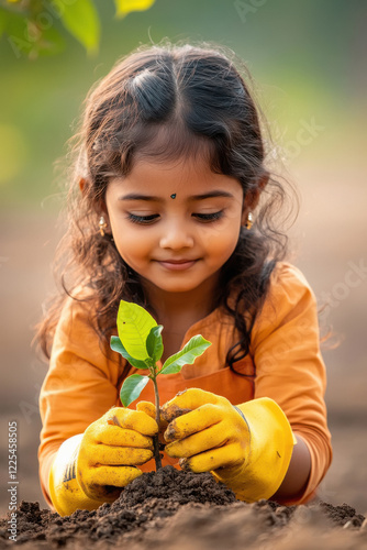 Cute little girl wearing yellow color gloves, planting tree. photo