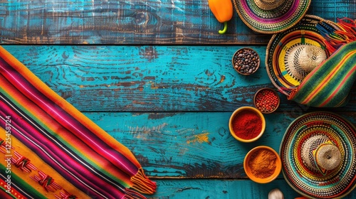 Mexican culinary scene with vibrant fabrics, empty molcajetes on wooden surface. Top view with space for text. photo