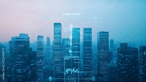 A futuristic city skyline illuminated in blue tones, featuring digital overlays and data visualizations.
