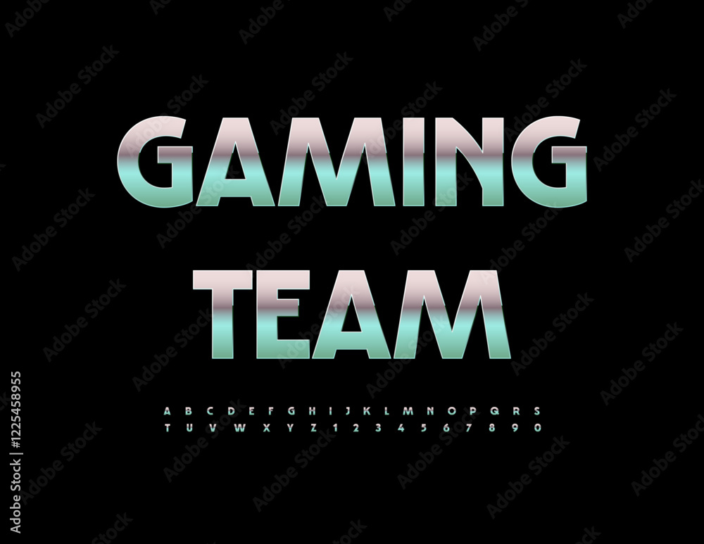 Fototapeta premium Vector Iron logotype Gaming Team. Reflective Metallic Font. Set of Silver Alphabet Letters and Numbers.