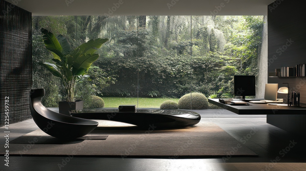 Fototapeta premium Modern minimalist home office design with lush garden view