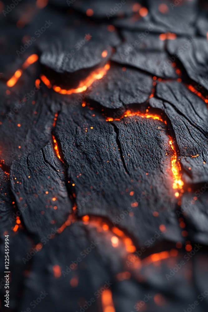 Detailed view of charred wood showing cracks filled with glowing embers, highlighting the texture and warmth emanating from the burnt surface in a low-lit environment Detailed view of charred wood showing cracks filled with glowing embers, highlighting the texture and warmth emanating from the burnt surface in a low-lit environment