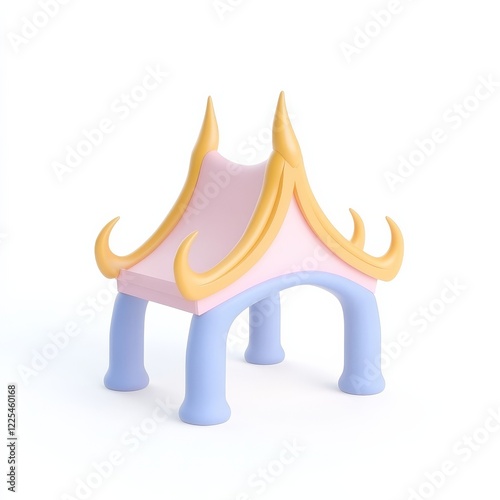 A colorful, stylized toy structure resembling a traditional pagoda, featuring a pink body with blue legs and yellow accents.