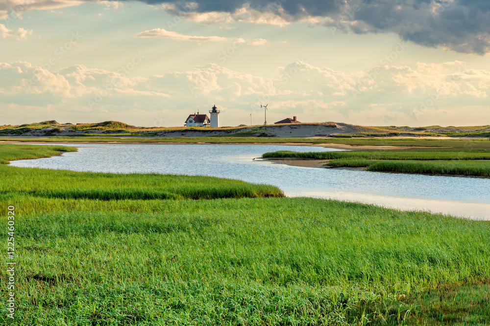 Race Point Light Lighthouse in beach dunes on the beach at Cape Cod, New England, Massachusetts, USA