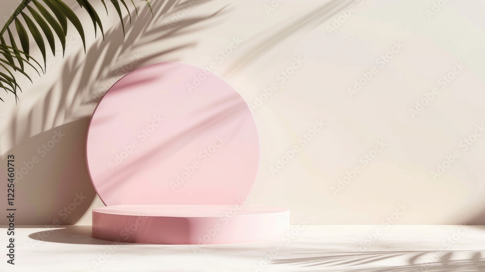 Fototapeta premium Pastel pink circle podium mockup in sunlight with shadow on sunny background for product presentation.