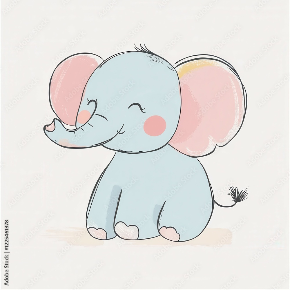 Fototapeta premium Cute cartoon elephant with pink cheeks and big ears on light background.
