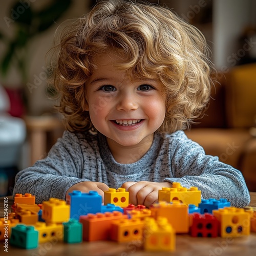 Cute Little Boy Playing with Colorful Building Blocks in a Cozy Living Room


