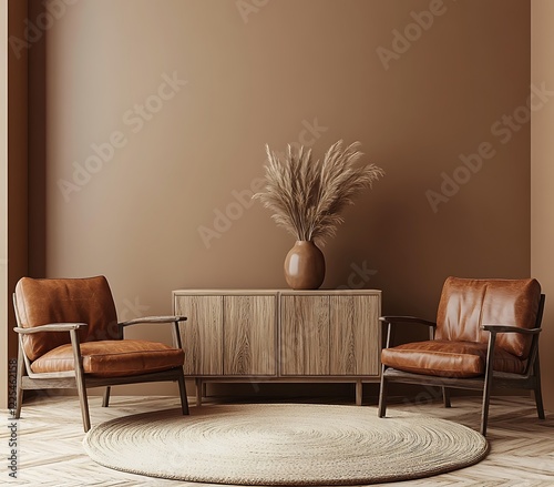 Elegant boho-inspired interior with brown walls and leather armchairs, a wooden sideboard against one wall, and a light-colored wooden floor photo