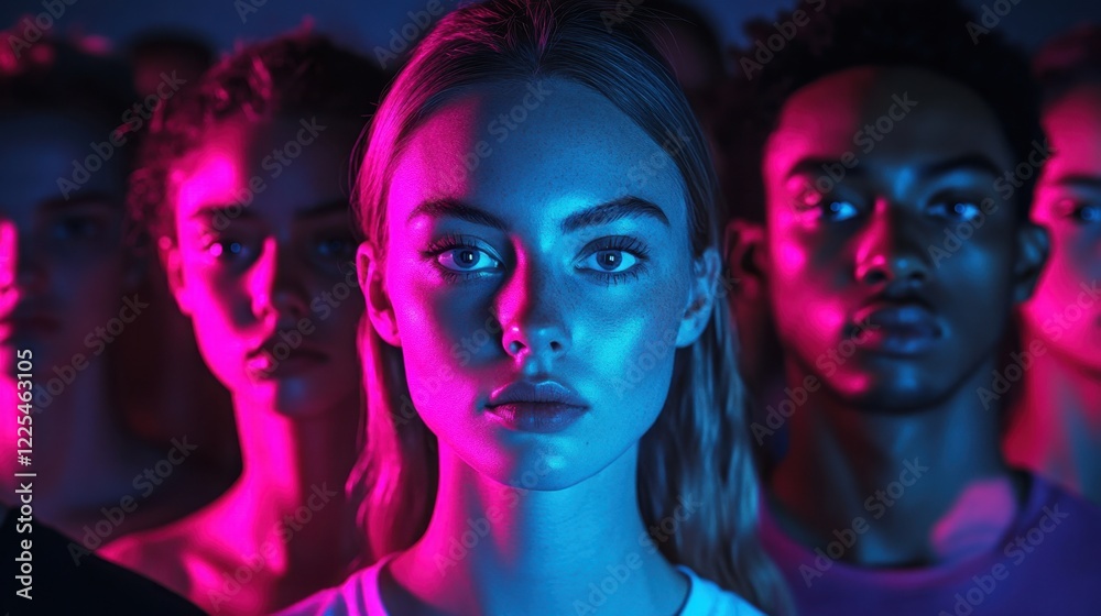 Fototapeta premium Blue team of cyber security professionals standing together in dark room lit by blue pink neon lights 
