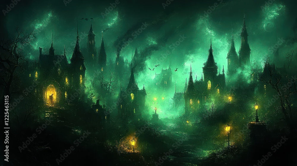 Fototapeta premium Enchanted Green Castle Town at Night