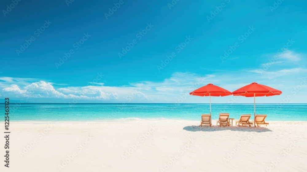 A serene beach scene featuring red umbrellas and wooden chairs on a pristine sandy shore under a clear blue sky. A serene beach scene featuring red umbrellas and wooden chairs on a pristine sandy shore under a clear blue sky.
