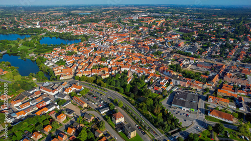 Aerial panorama shot around the old town of the city Haderslev in Denmark on a sunny summer noon photo