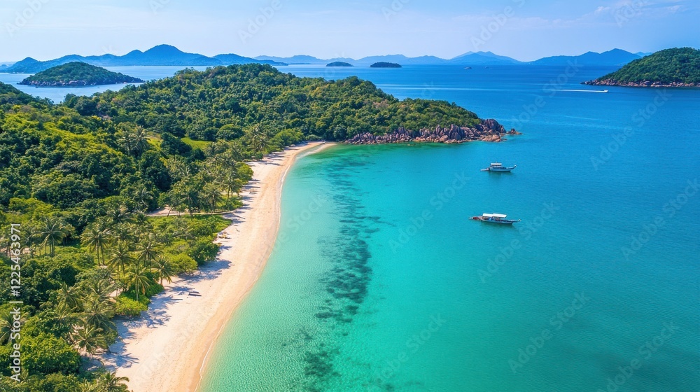 Tropical Island Paradise Beach Scene with Boats Tropical Island Paradise Beach Scene with Boats