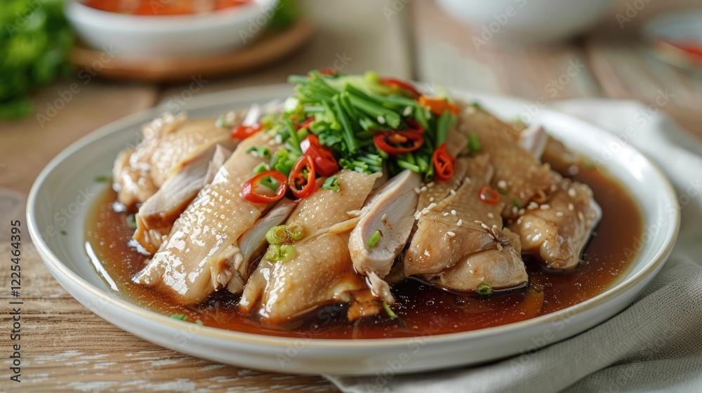 Steamed ginger chicken on white plate Steamed ginger chicken on white plate