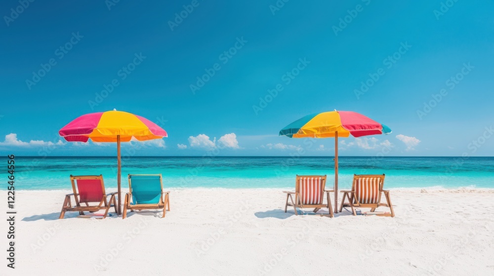 A serene beach scene featuring colorful umbrellas and lounge chairs on white sand, with calm turquoise waters under a clear blue sky. A serene beach scene featuring colorful umbrellas and lounge chairs on white sand, with calm turquoise waters under a clear blue sky.