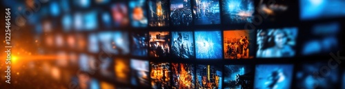 Numerous colorful panels showcase various media content in a contemporary setting, highlighting the dynamic nature of digital streaming experiences during a lively viewing session photo