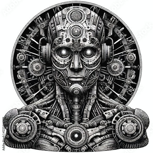 A time-inspired robot, adorned with swirling patterns symbolizing the passage of time
