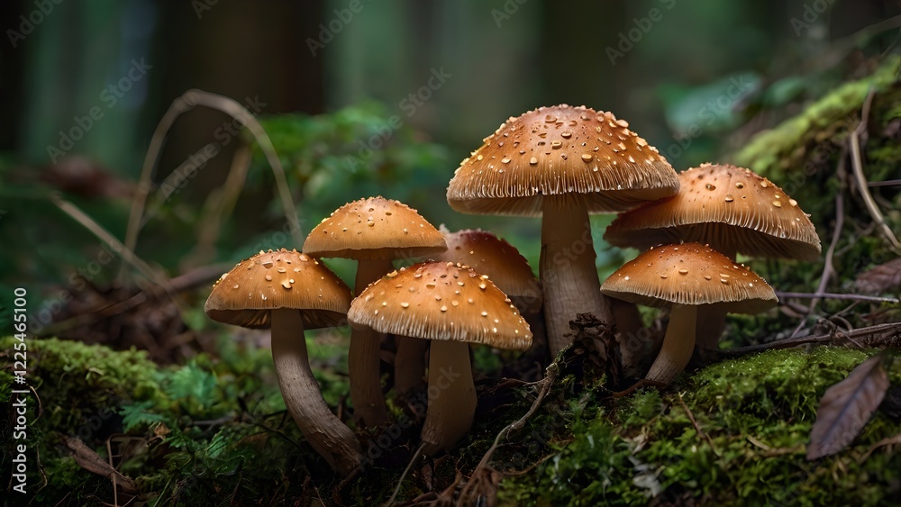 Enchanting Cluster of Autumn Mushrooms in Forest Moss Enchanting Cluster of Autumn Mushrooms in Forest Moss