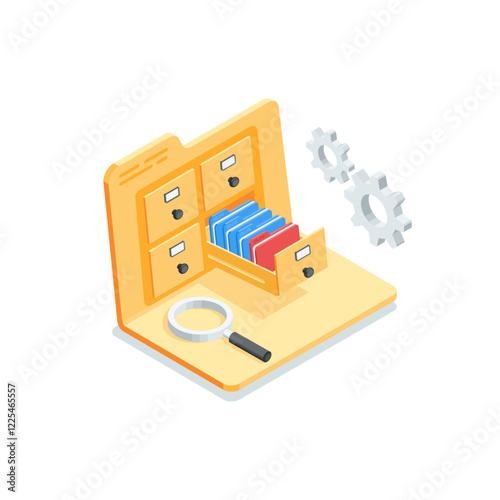Isometric vector icon of open folder with archive and magnifying glass, in color on white background, working with data or storing documentation