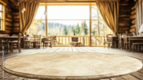 Empty Round Table in Rustic Wooden Restaurant with Scenic View