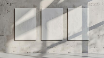 Three pale vertical rectangular poster mockups on light gray concrete wall background