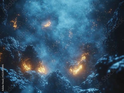a mesmerizing asteroid field in deep space, glowing crystalline fragments drifting through cosmic void, backlit by distant nebulae, photorealistic rendering, volumetric lighting, ethereal atmosphere