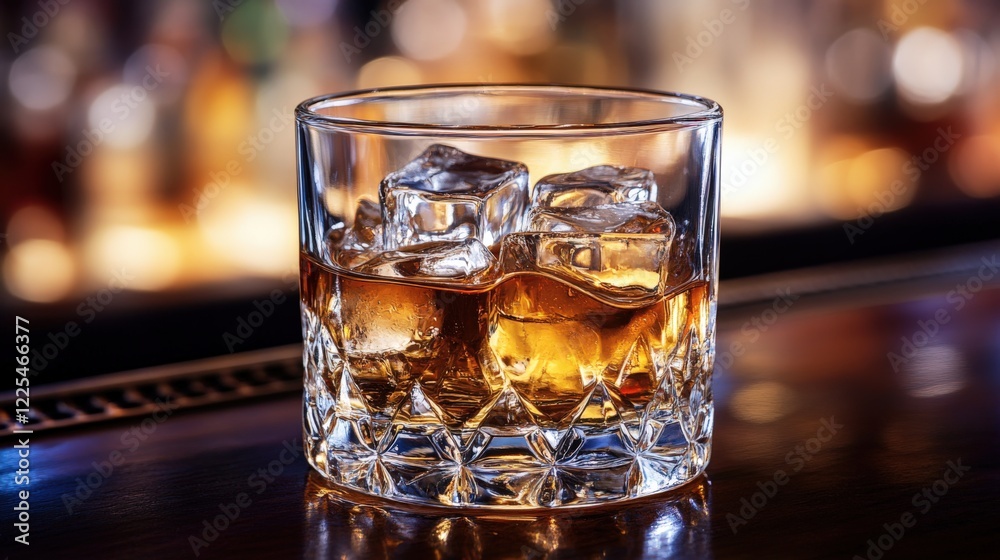 Whiskey Glass with Ice on Bar Counter Whiskey Glass with Ice on Bar Counter